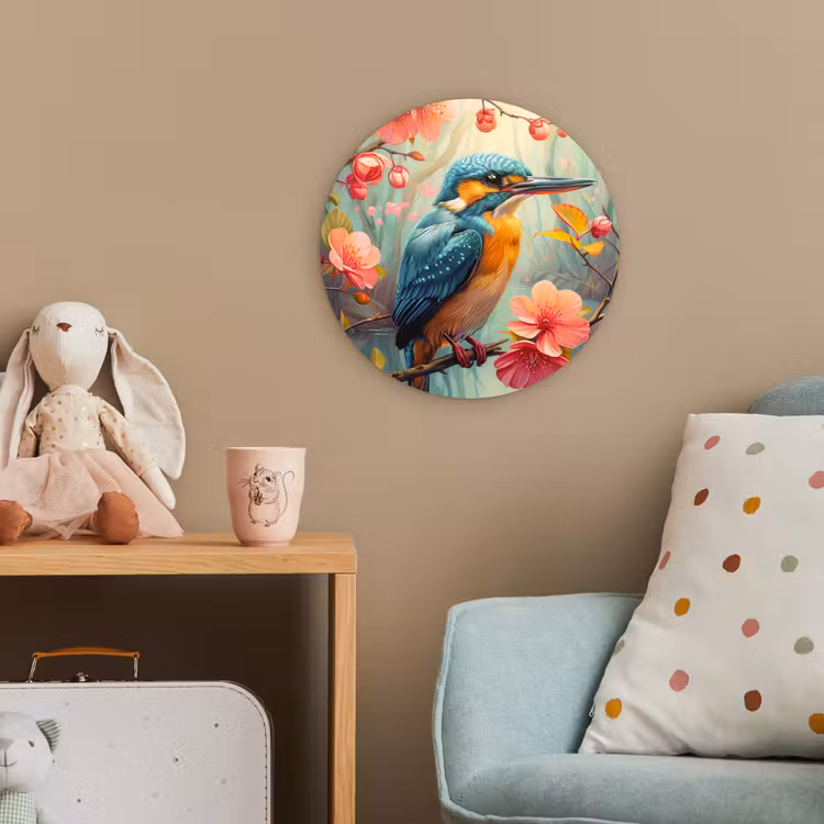IJsvogel - Bloesem - Natuur - Vogels - Bloemen Wandcirkel kunststof plaat 5mm dik klein -tsfeer1_kind
