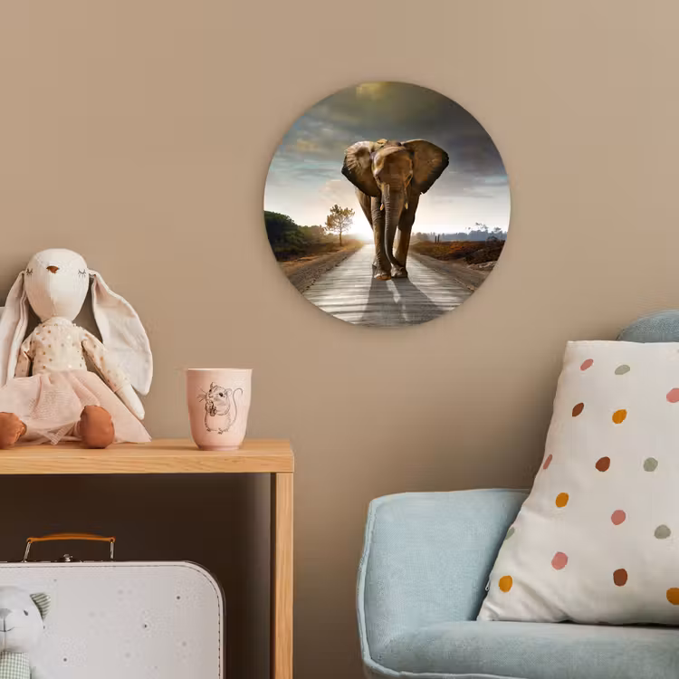 Olifant - Weg - Dieren - Zonsondergang - Landschap Wandcirkel kunststof plaat 5mm dik klein -tsfeer1_kind