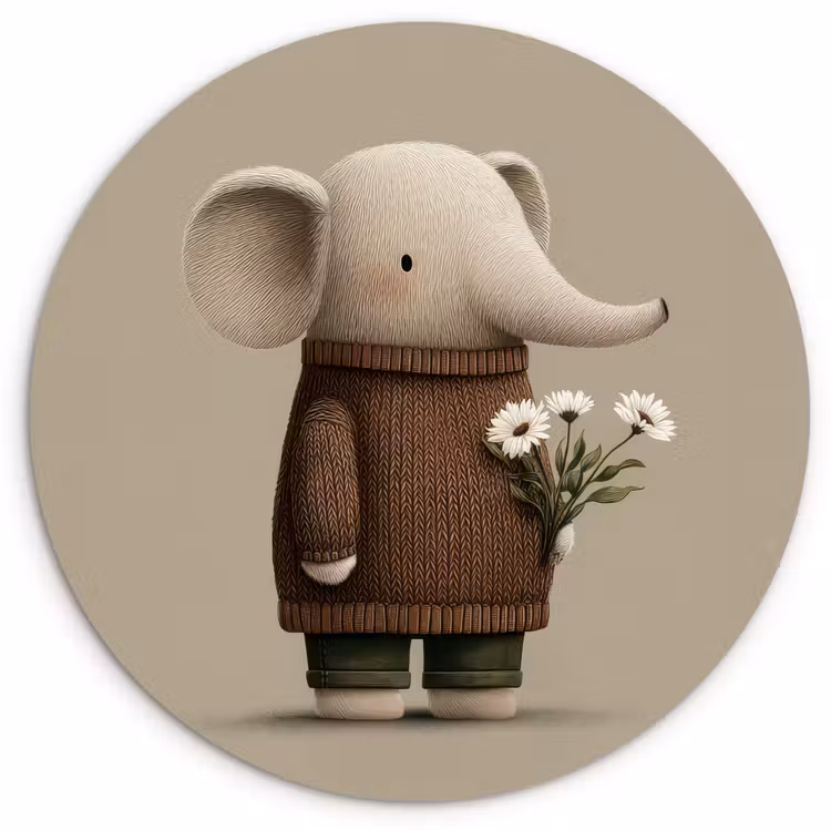 Olifant - Witte bloemen - Kindvriendelijk Wandcirkel kunststof plaat 5mm dik klein -3d