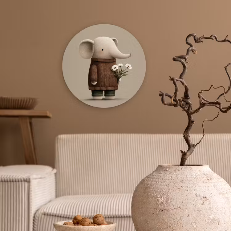 Olifant - Witte bloemen - Kindvriendelijk Wandcirkel kunststof plaat 5mm dik klein -sfeer1