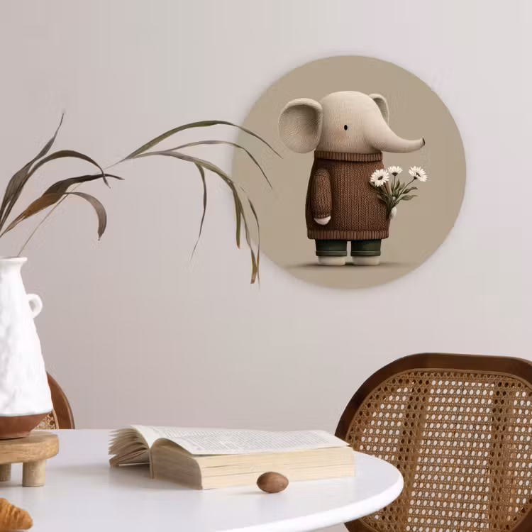 Olifant - Witte bloemen - Kindvriendelijk Wandcirkel kunststof plaat 5mm dik klein -sfeer4