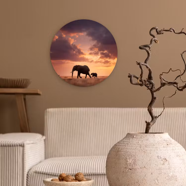 Olifanten - Grasland - Zonsondergang Wandcirkel kunststof plaat 5mm dik klein -sfeer1