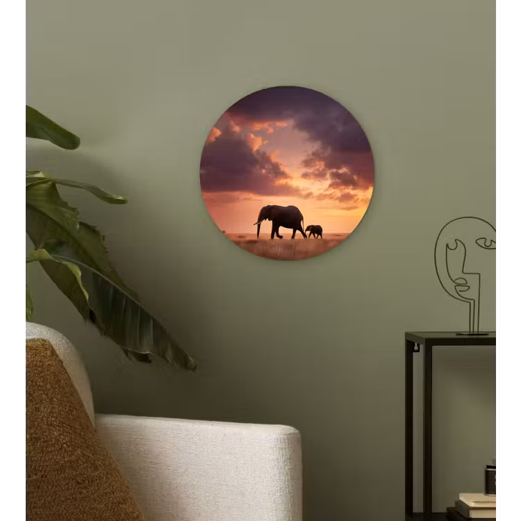 Olifanten - Grasland - Zonsondergang Wandcirkel kunststof plaat 5mm dik klein -sfeer3