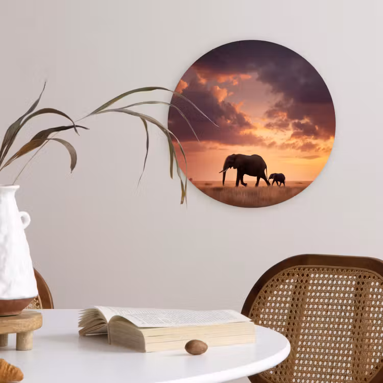 Olifanten - Grasland - Zonsondergang Wandcirkel kunststof plaat 5mm dik klein -sfeer4