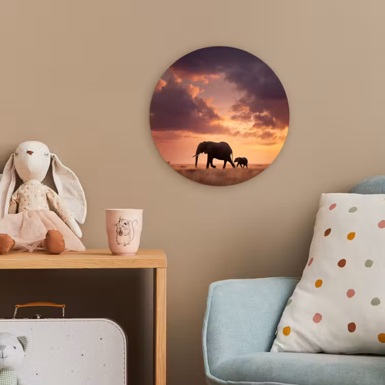 Olifanten - Grasland - Zonsondergang Wandcirkel kunststof plaat 5mm dik klein -tsfeer1_kind