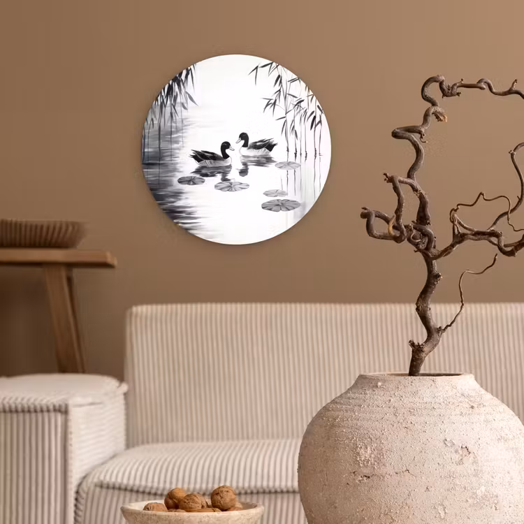 Eenden - Waterlelies - Riet - Zwart Wandcirkel kunststof plaat 5mm dik klein -sfeer1