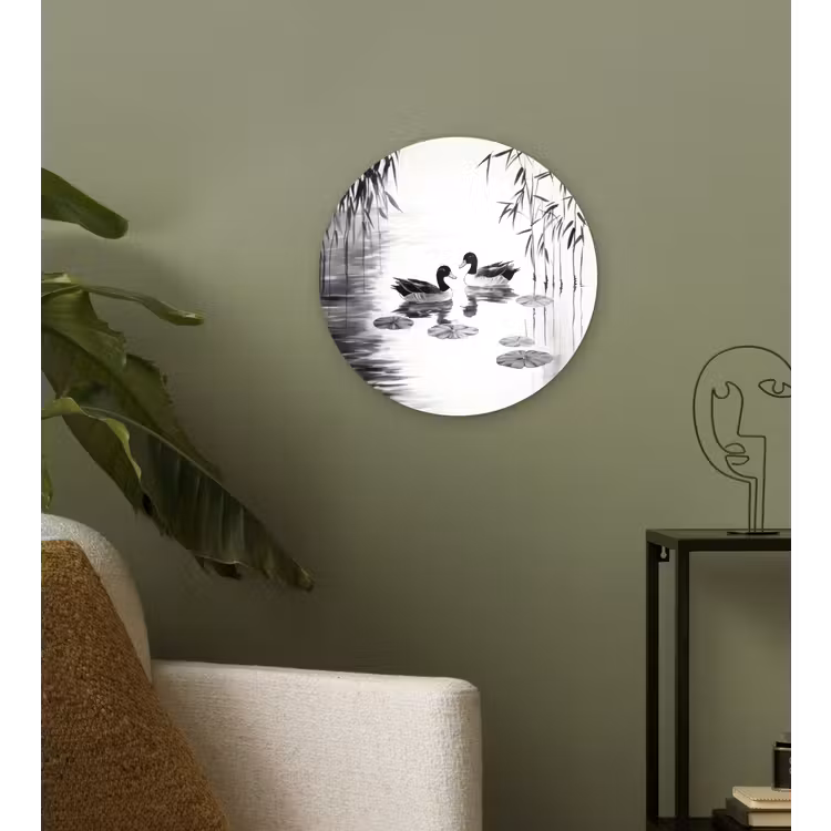Eenden - Waterlelies - Riet - Zwart Wandcirkel kunststof plaat 5mm dik klein -sfeer3