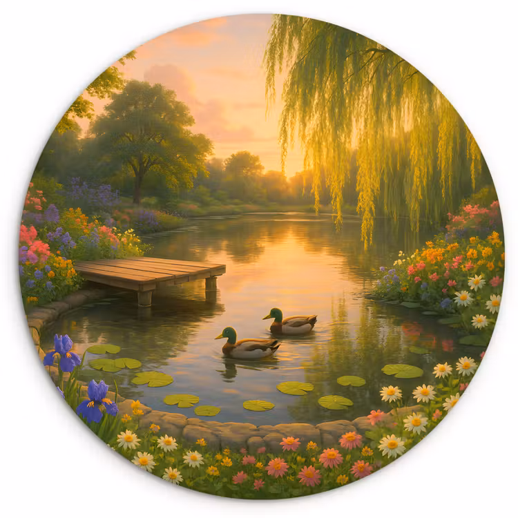 Eenden - Vijver - Bloemen Wandcirkel kunststof plaat 5mm dik klein -3d