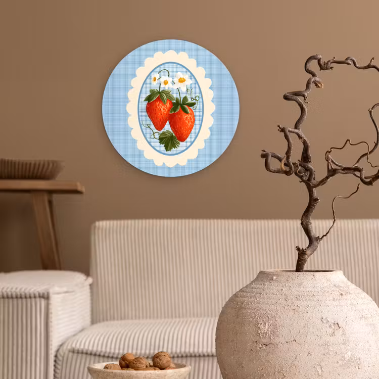 Aardbeien - Lijst - Rood - Geruit Wandcirkel kunststof plaat 5mm dik klein -sfeer1