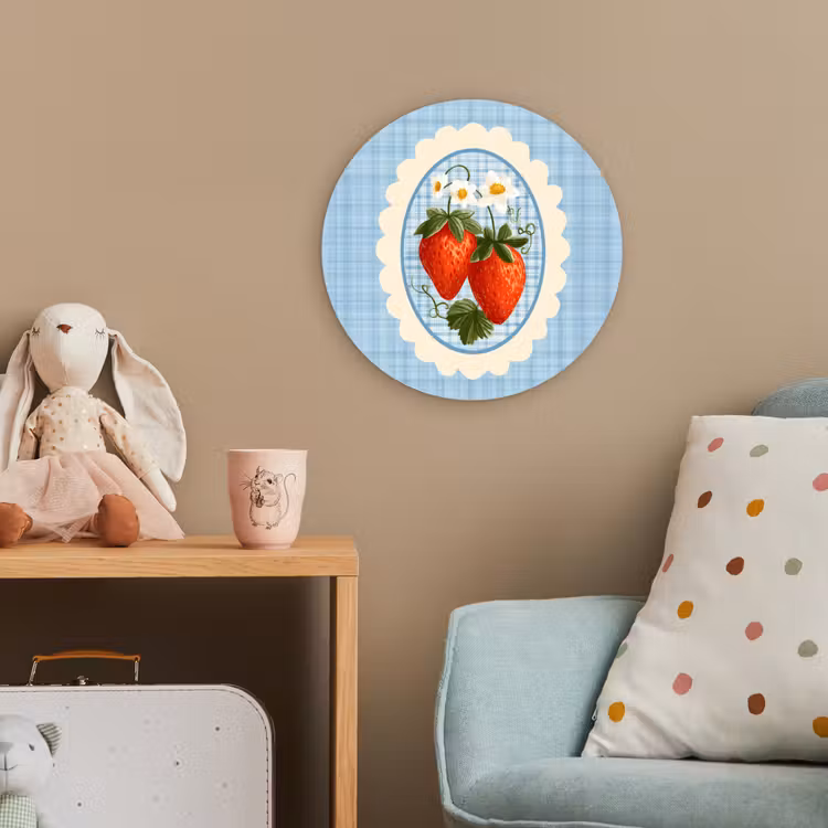Aardbeien - Lijst - Rood - Geruit Wandcirkel kunststof plaat 5mm dik klein -tsfeer1_kind