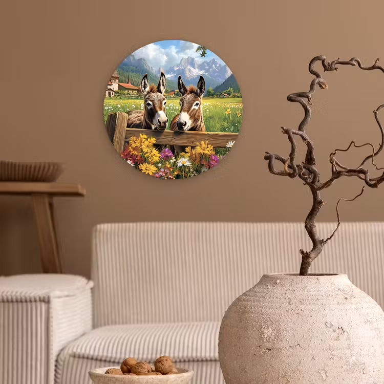 Ezels - Bloemen - Zomers Wandcirkel kunststof plaat 5mm dik klein -sfeer1