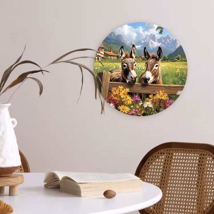 Ezels - Bloemen - Zomers Wandcirkel kunststof plaat 5mm dik klein -sfeer4