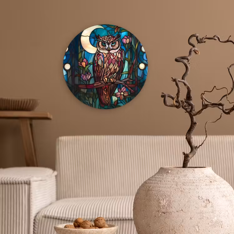 Uil - Mozaïek - Maan - Nacht Wandcirkel kunststof plaat 5mm dik klein -sfeer1