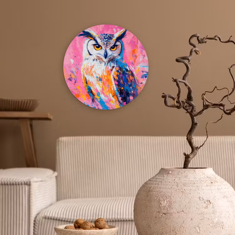 Uil - Roze - Blauw - Verf - Abstract Wandcirkel kunststof plaat 5mm dik klein -sfeer1