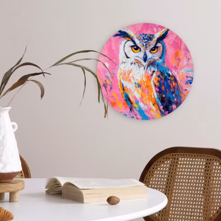 Uil - Roze - Blauw - Verf - Abstract Wandcirkel kunststof plaat 5mm dik klein -sfeer4