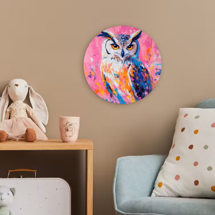Uil - Roze - Blauw - Verf - Abstract Wandcirkel kunststof plaat 5mm dik klein -tsfeer1_kind