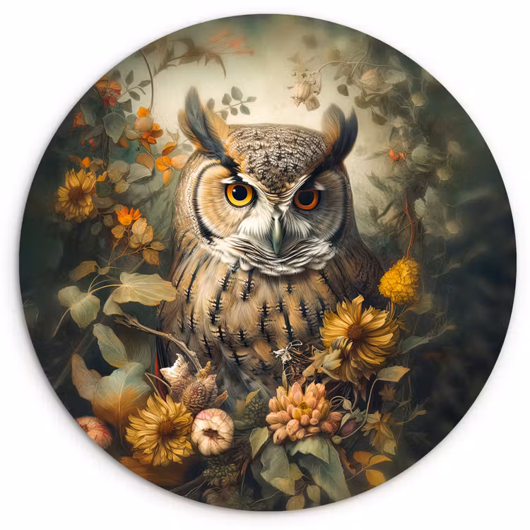 Uil - Vogels - Bloemen - Natuur Wandcirkel kunststof plaat 5mm dik klein -3d