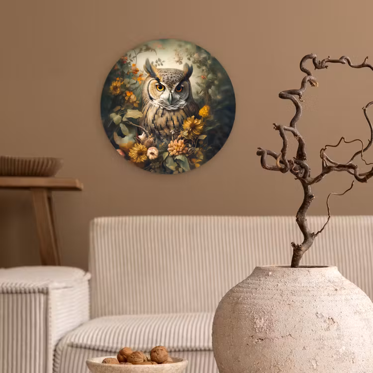 Uil - Vogels - Bloemen - Natuur Wandcirkel kunststof plaat 5mm dik klein -sfeer1