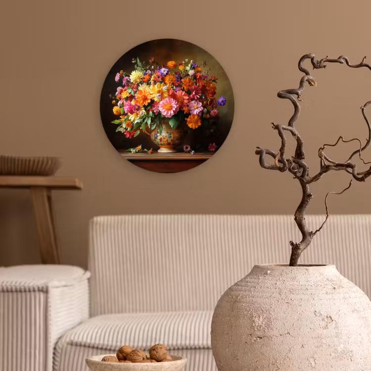 Kleuren - Boeket - Vaas - Hout Wandcirkel kunststof plaat 5mm dik klein -sfeer1