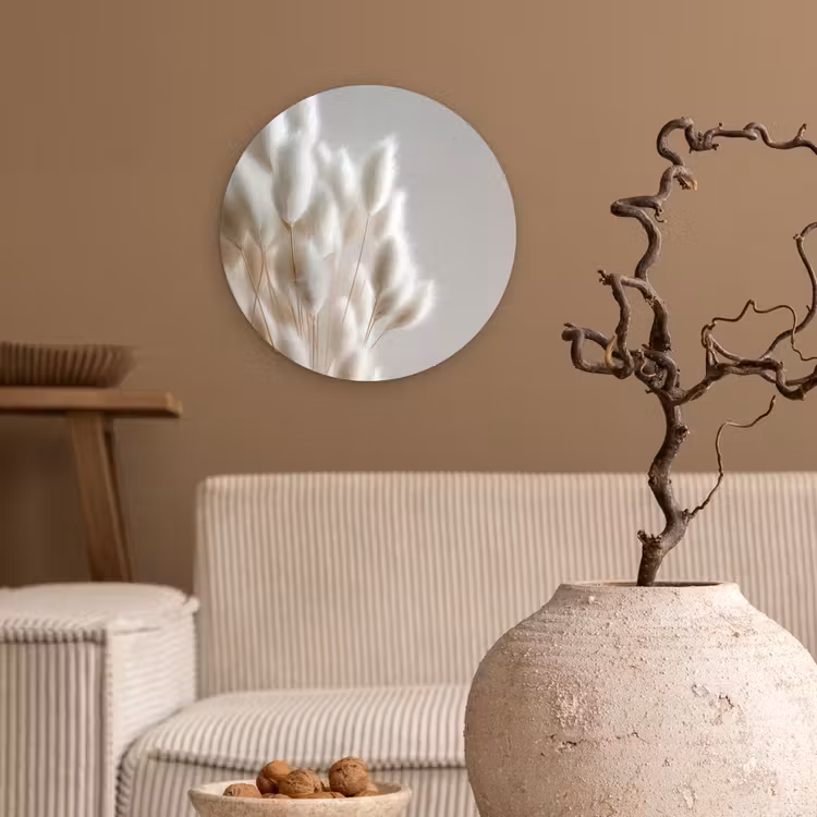Pluimen - Beige - Minimalistisch Wandcirkel kunststof plaat 5mm dik klein -sfeer1