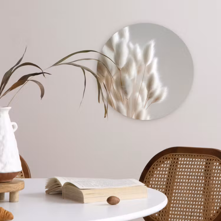 Pluimen - Beige - Minimalistisch Wandcirkel kunststof plaat 5mm dik klein -sfeer4