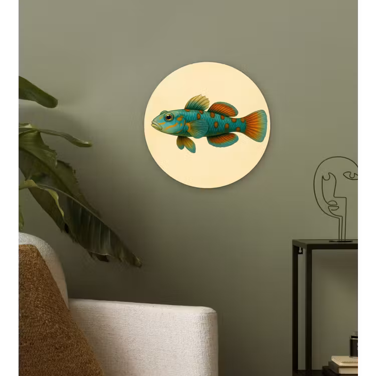 Vis - Blauw - Stippen - Schubben Wandcirkel kunststof plaat 5mm dik klein -sfeer3