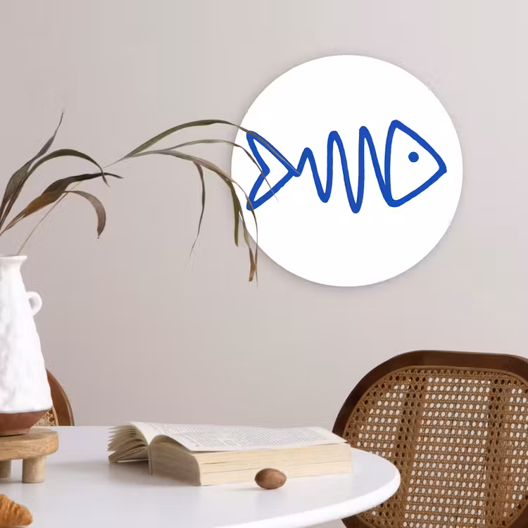 Vis - Minimalistisch - Blauw - Lijn Wandcirkel kunststof plaat 5mm dik klein -sfeer4