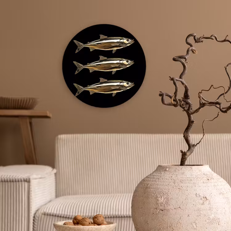 Vissen - Goud - Zwart Wandcirkel kunststof plaat 5mm dik klein -sfeer1