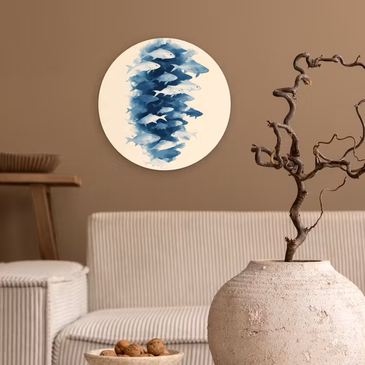 Vissen - Minimalistisch - Blauw Wandcirkel kunststof plaat 5mm dik klein -sfeer1