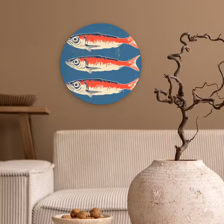 Vissen - Rood - Blauw Wandcirkel kunststof plaat 5mm dik klein -sfeer1
