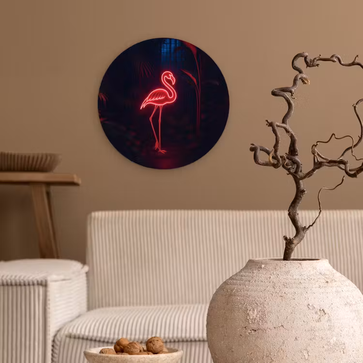 Flamingo - Roze - Neon - Licht Wandcirkel kunststof plaat 5mm dik klein -sfeer1