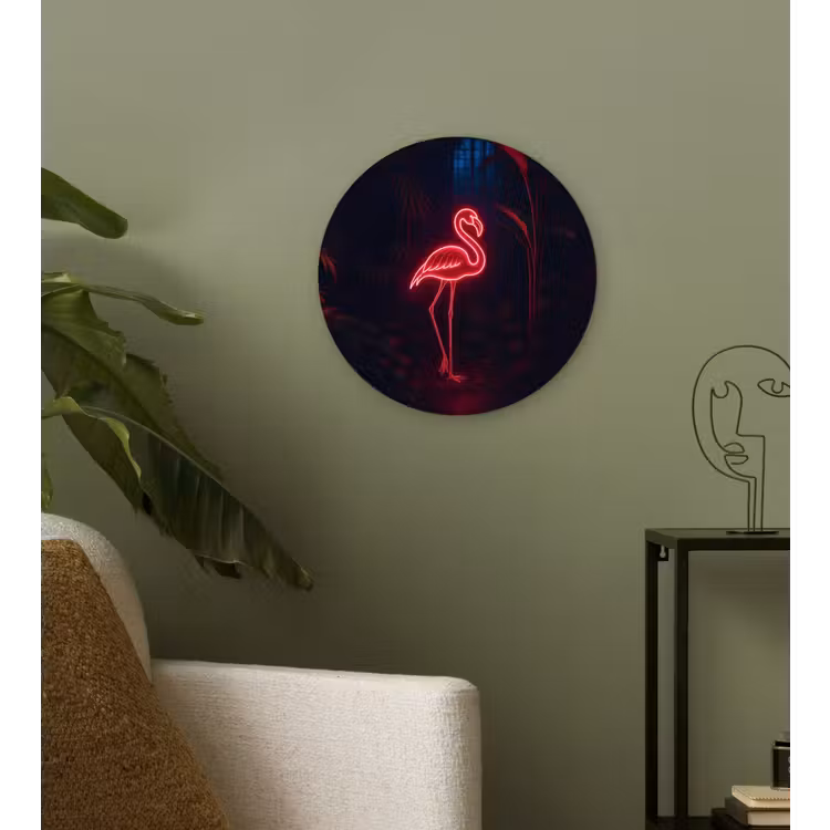 Flamingo - Roze - Neon - Licht Wandcirkel kunststof plaat 5mm dik klein -sfeer3