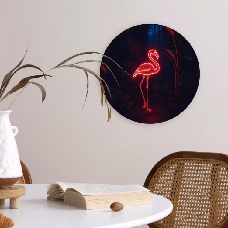 Flamingo - Roze - Neon - Licht Wandcirkel kunststof plaat 5mm dik klein -sfeer4