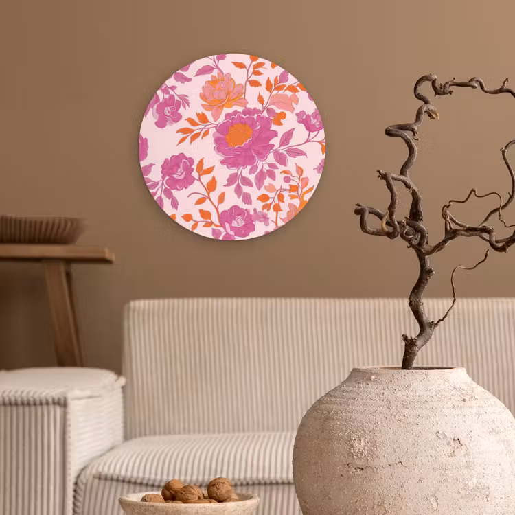 Bloemenpatroon - Roze - Oranje - Bloemen Wandcirkel kunststof plaat 5mm dik klein -sfeer1