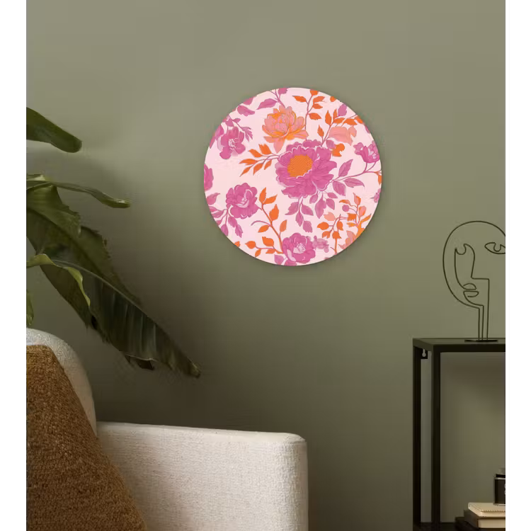 Bloemenpatroon - Roze - Oranje - Bloemen Wandcirkel kunststof plaat 5mm dik klein -sfeer3