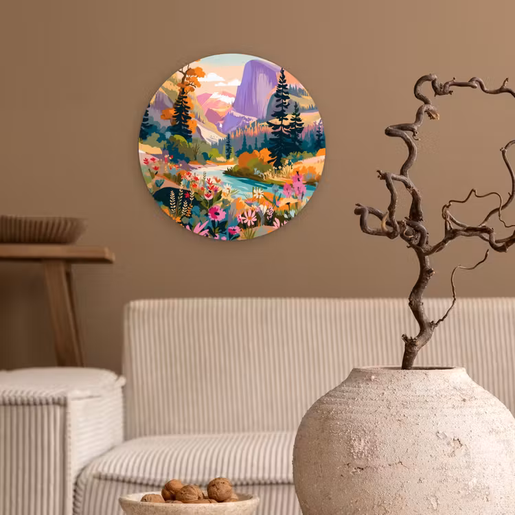 Rivier - Vallei vol bloemen - Levendig Wandcirkel kunststof plaat 5mm dik klein -sfeer1