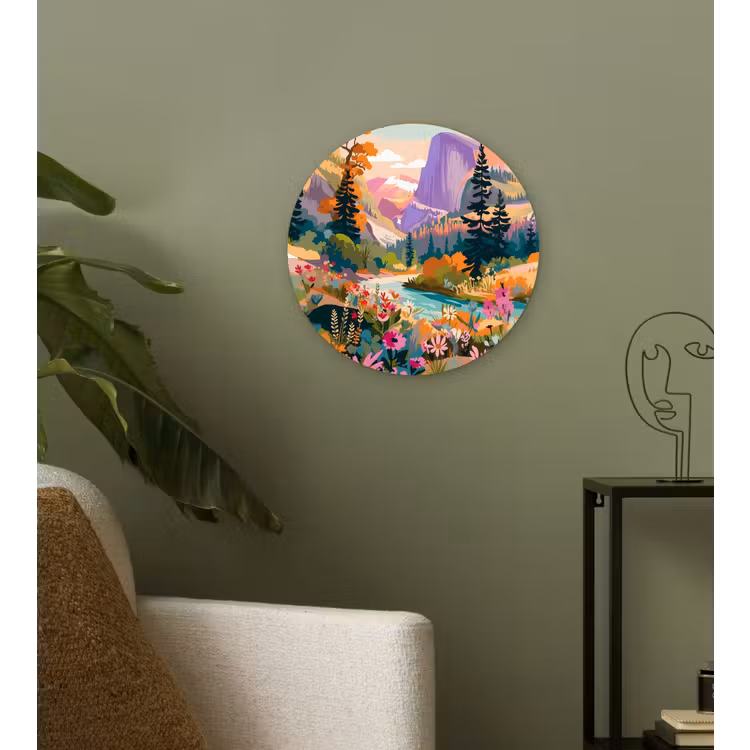 Rivier - Vallei vol bloemen - Levendig Wandcirkel kunststof plaat 5mm dik klein -sfeer3