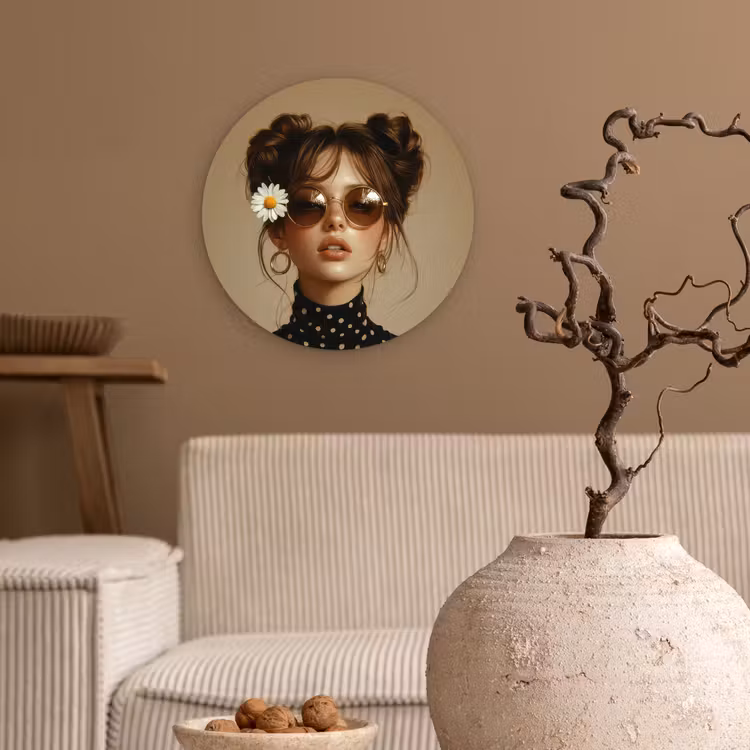 Vrouw - Beige - Bloem - Modern - Portret Wandcirkel kunststof plaat 5mm dik klein -sfeer1