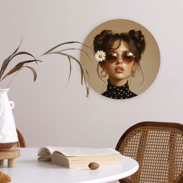 Vrouw - Beige - Bloem - Modern - Portret Wandcirkel kunststof plaat 5mm dik klein -sfeer4