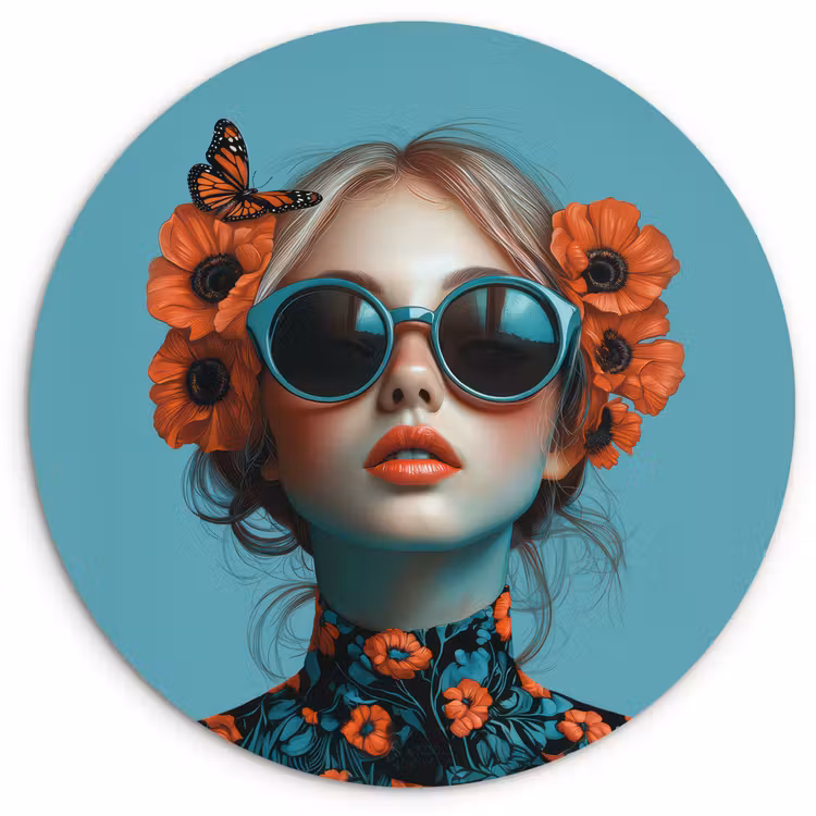 Vrouw - Blauw - Vlinder - Bloemen - Aesthetic Wandcirkel kunststof plaat 5mm dik klein -3d