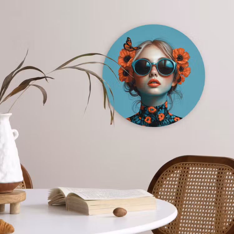 Vrouw - Blauw - Vlinder - Bloemen - Aesthetic Wandcirkel kunststof plaat 5mm dik klein -sfeer4
