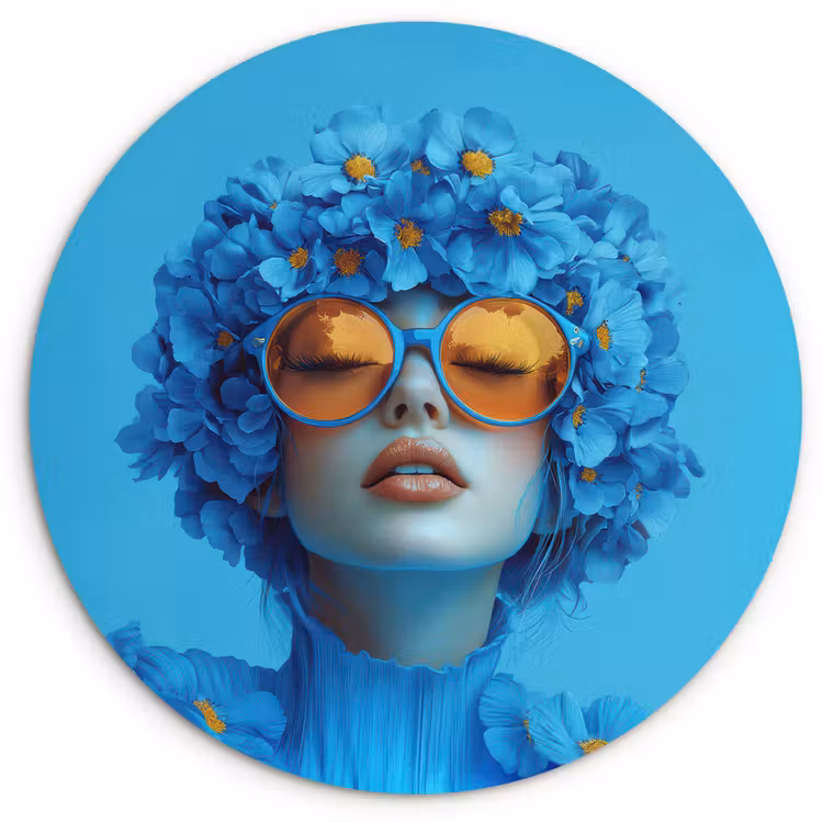 Vrouw - Bloem - Blauw - Modern - Bril - Portret Wandcirkel kunststof plaat 5mm dik klein -3d