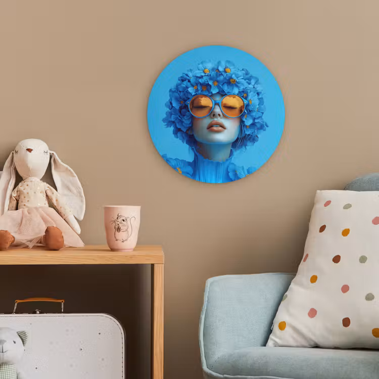 Vrouw - Bloem - Blauw - Modern - Bril - Portret Wandcirkel kunststof plaat 5mm dik klein -tsfeer1_kind