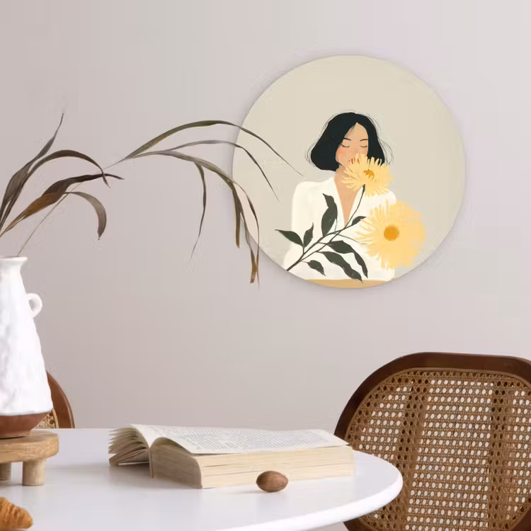 Vrouw - Bloem - Geel - Minimalistisch Wandcirkel kunststof plaat 5mm dik klein -sfeer4