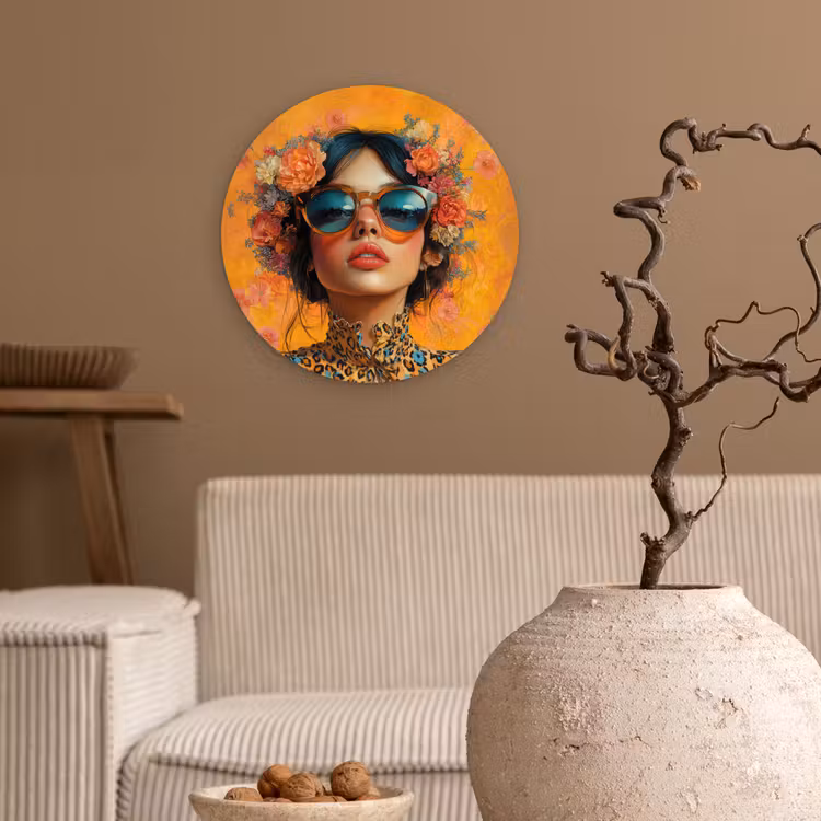 Vrouw - Bloemen - Aesthetic - Oranje Wandcirkel kunststof plaat 5mm dik klein -sfeer1
