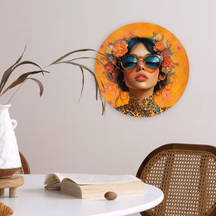 Vrouw - Bloemen - Aesthetic - Oranje Wandcirkel kunststof plaat 5mm dik klein -sfeer4