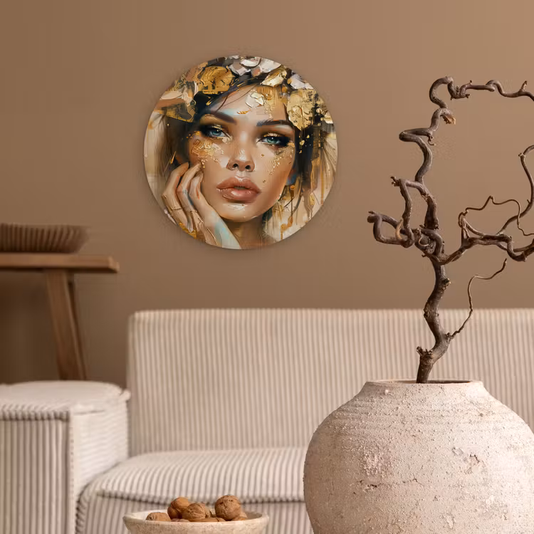 Vrouw - Bloemen - Goud - Portret Wandcirkel kunststof plaat 5mm dik klein -sfeer1