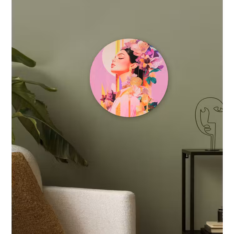 Vrouw - Bloemen - Paars - Abstract Wandcirkel kunststof plaat 5mm dik klein -sfeer3