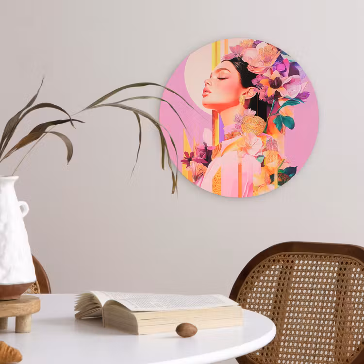 Vrouw - Bloemen - Paars - Abstract Wandcirkel kunststof plaat 5mm dik klein -sfeer4