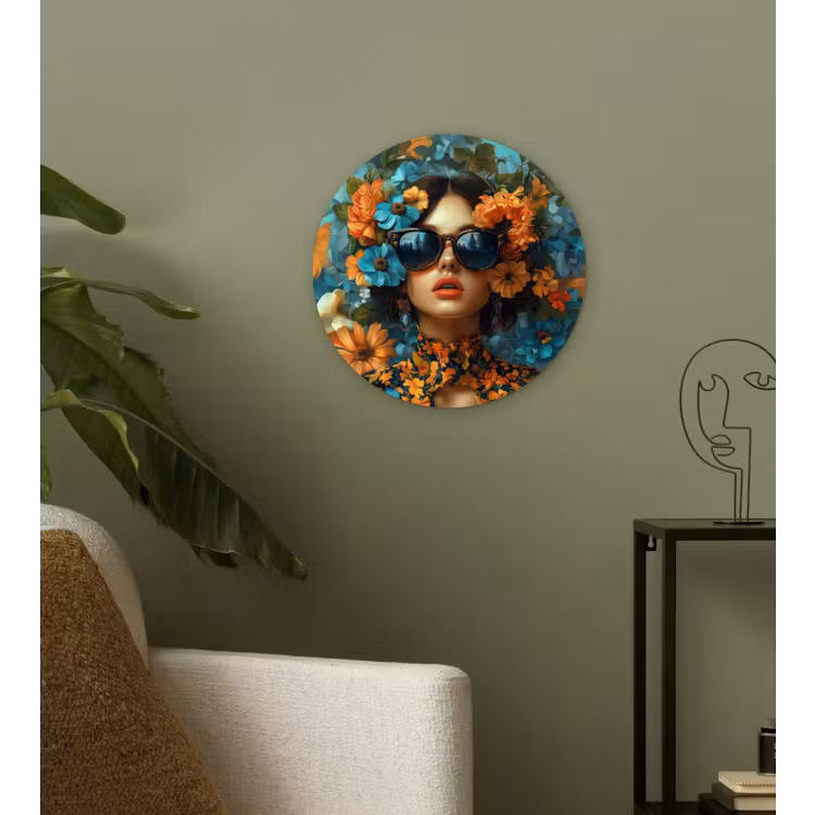 Vrouw - Bloemen - Oranje - Blauw - Modern Wandcirkel kunststof plaat 5mm dik klein -sfeer3